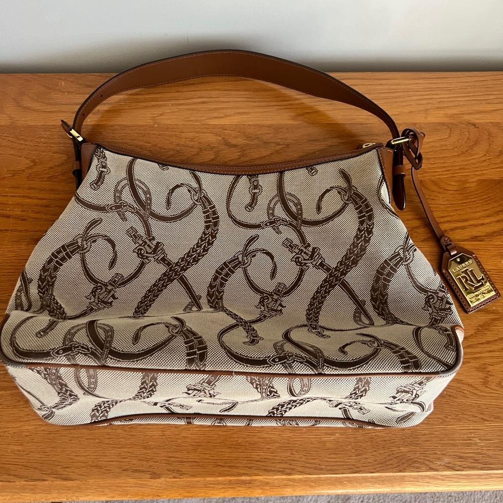 Lauren Ralph Lauren Beige Canvas Shoulder Bag with Brown Leather Trim